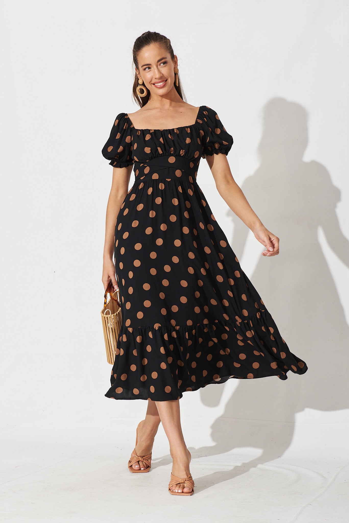 Candie Midi Dress In Black With Brown Spot St Frock Candie Midi Dress In Black With Brown Spot St Frock