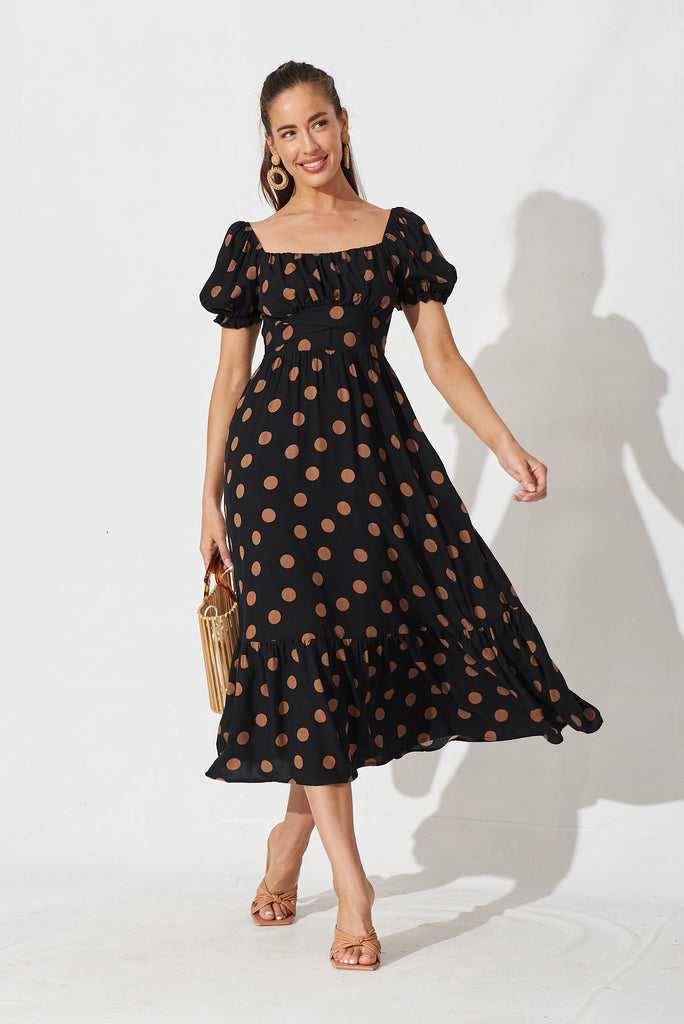 Candie Midi Dress In Black With Brown Spot - full length