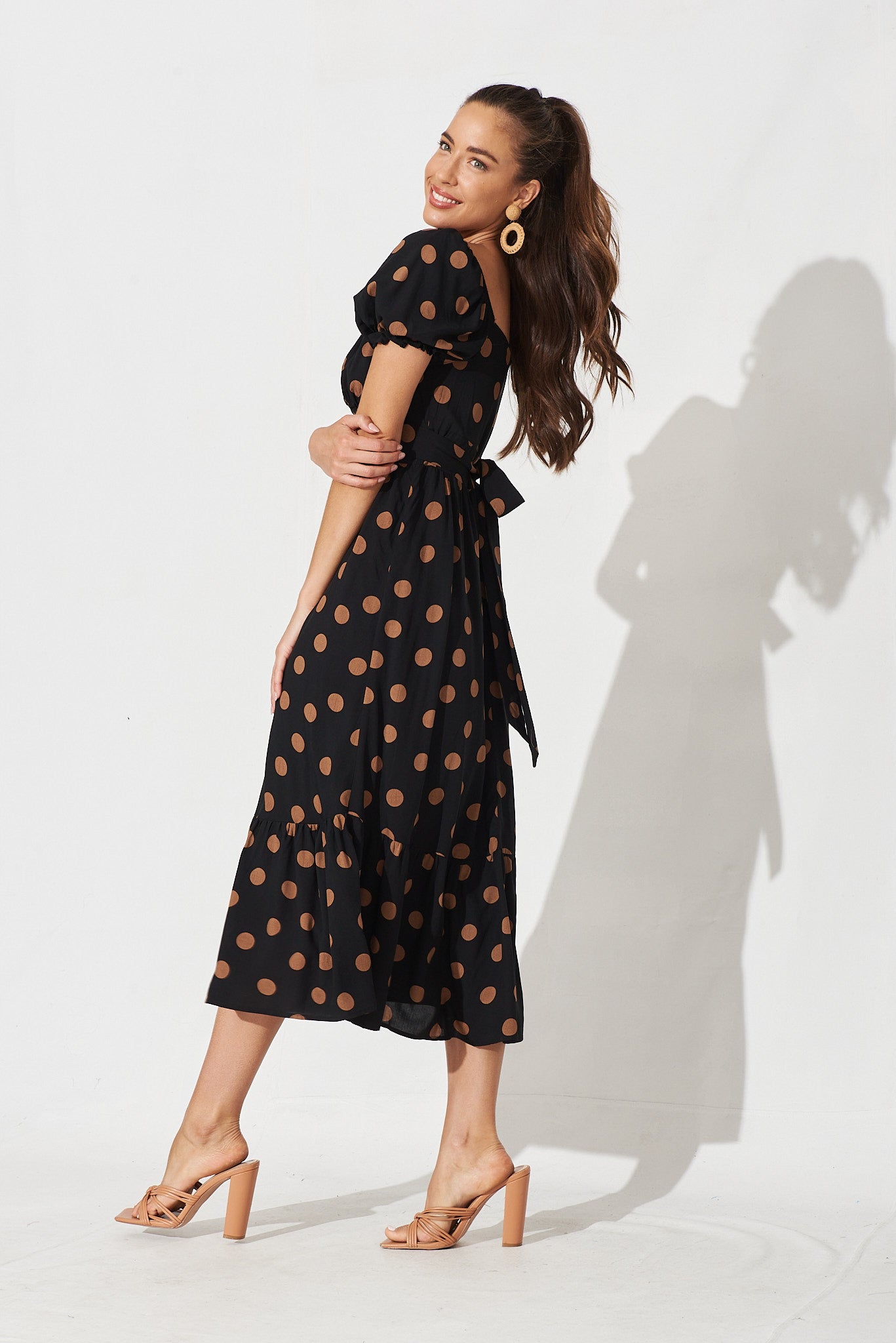 Candie Midi Dress In Black With Brown Spot St Frock Candie Midi Dress In Black With Brown Spot St Frock