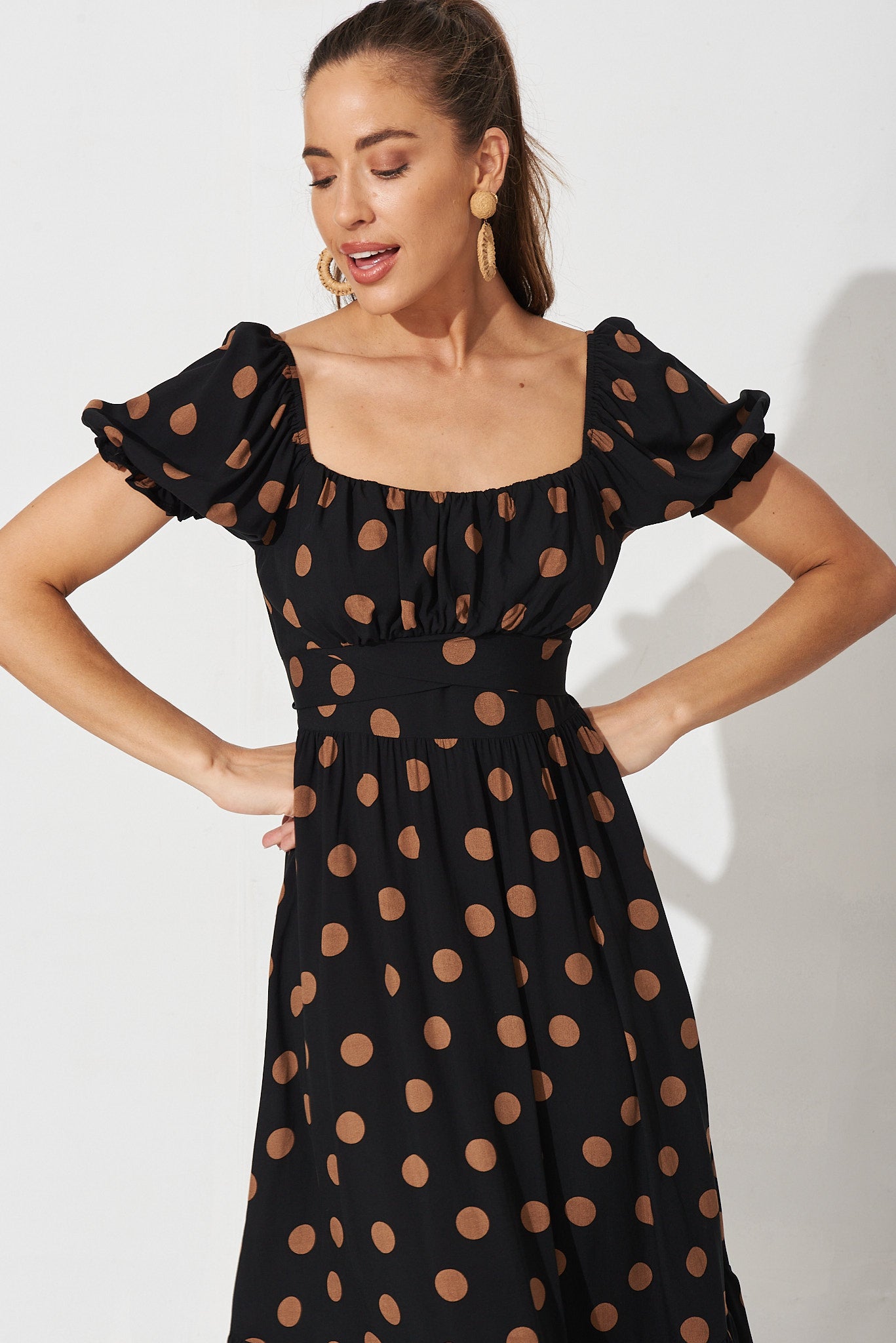 Candie Midi Dress In Black With Brown Spot St Frock Candie Midi Dress In Black With Brown Spot St Frock