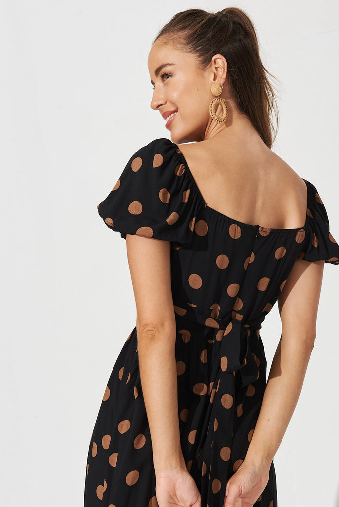 Candie Midi Dress In Black With Brown Spot - detail