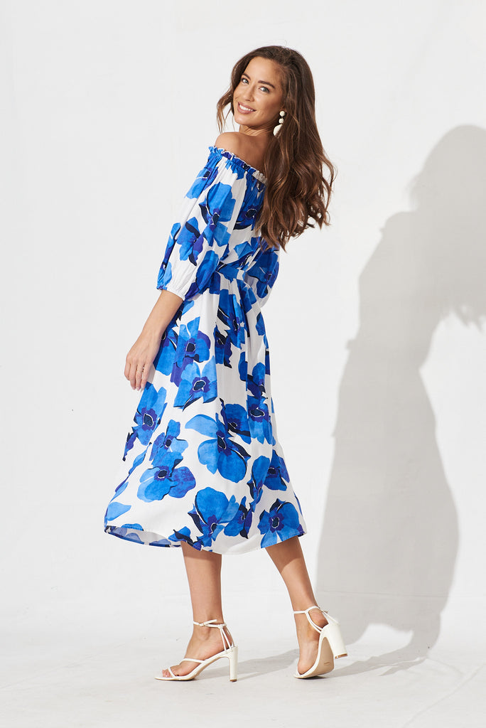 Bristol Midi Dress In White With Blue Floral - side