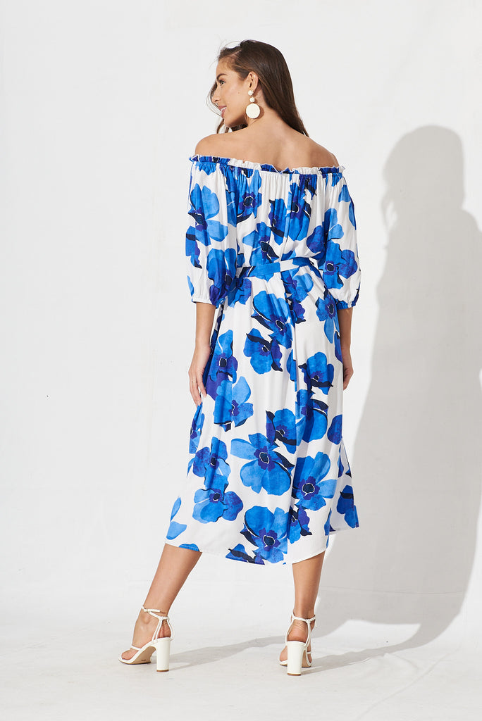 Bristol Midi Dress In White With Blue Floral - back