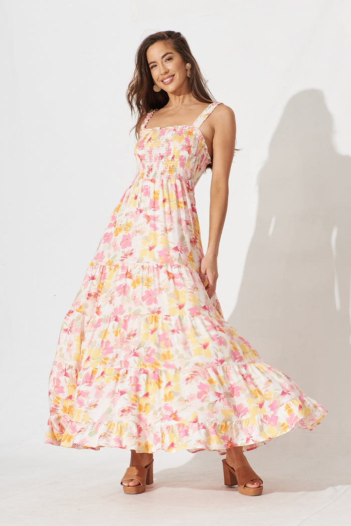 Marano Maxi Dress In White With Yellow Floral - full length