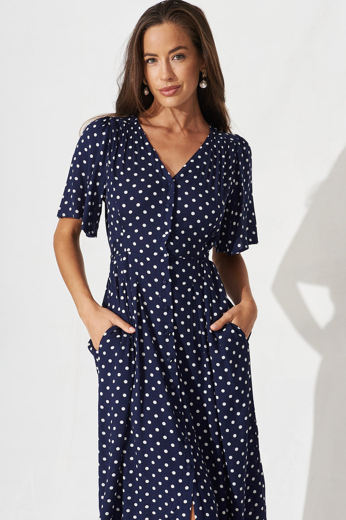 Truro Midi Dress In Navy With White Spot - front