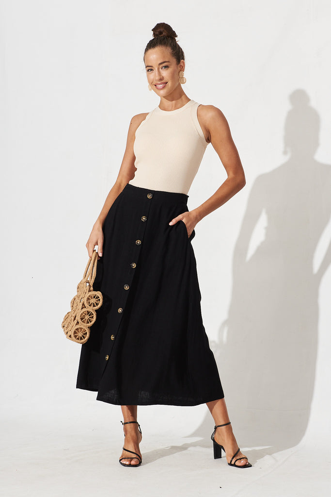 Moree Midi Skirt In Black Linen Blend - full length