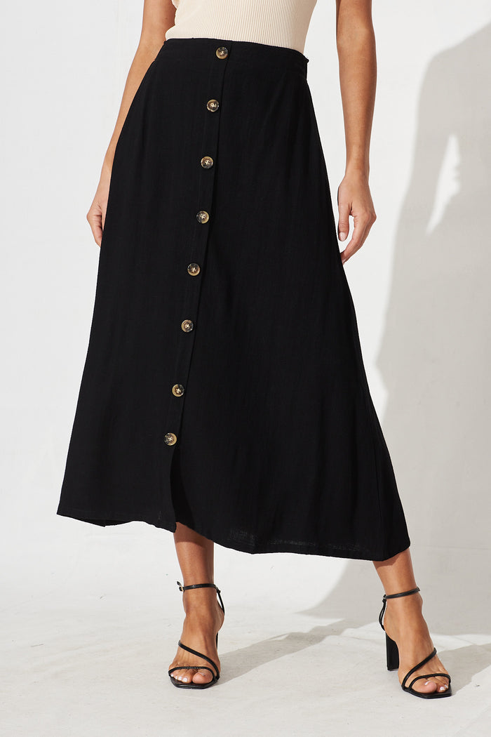 Moree Midi Skirt In Black Linen Blend - front