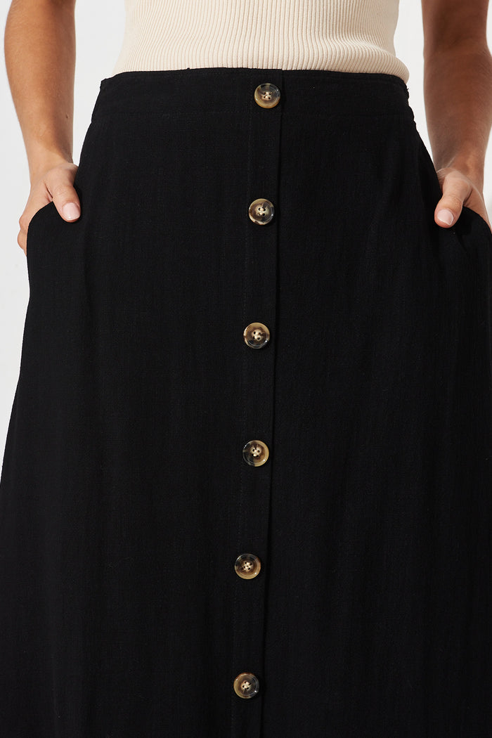 Moree Midi Skirt In Black Linen Blend - detail