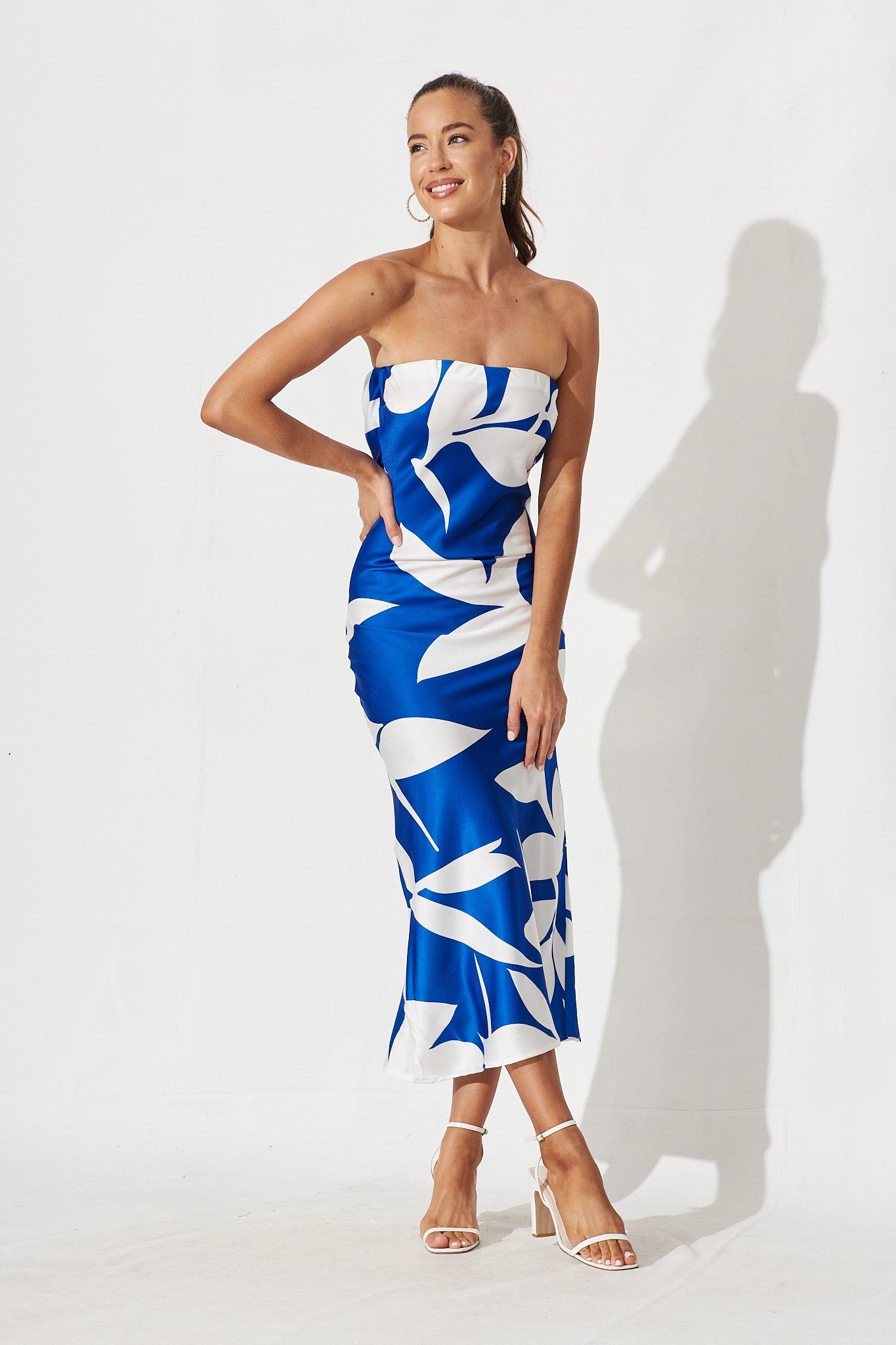 Lucia Midi Dress In Blue With White Leaf Print - full length