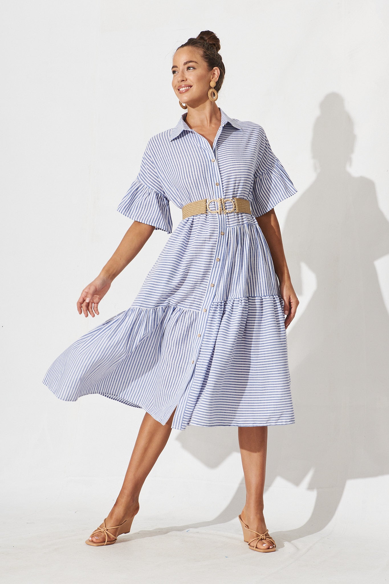Gwennie Midi Shirt Dress In Blue And White Stripe Cotton - full length