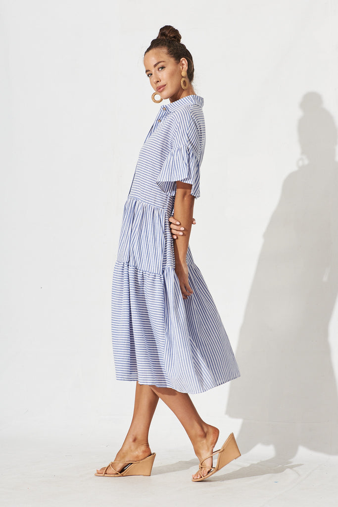 Gwennie Midi Shirt Dress In Blue And White Stripe Cotton - side