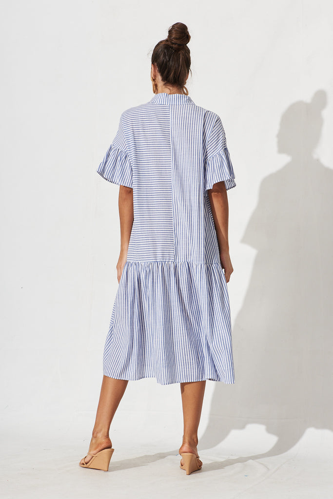 Gwennie Midi Shirt Dress In Blue And White Stripe Cotton - back