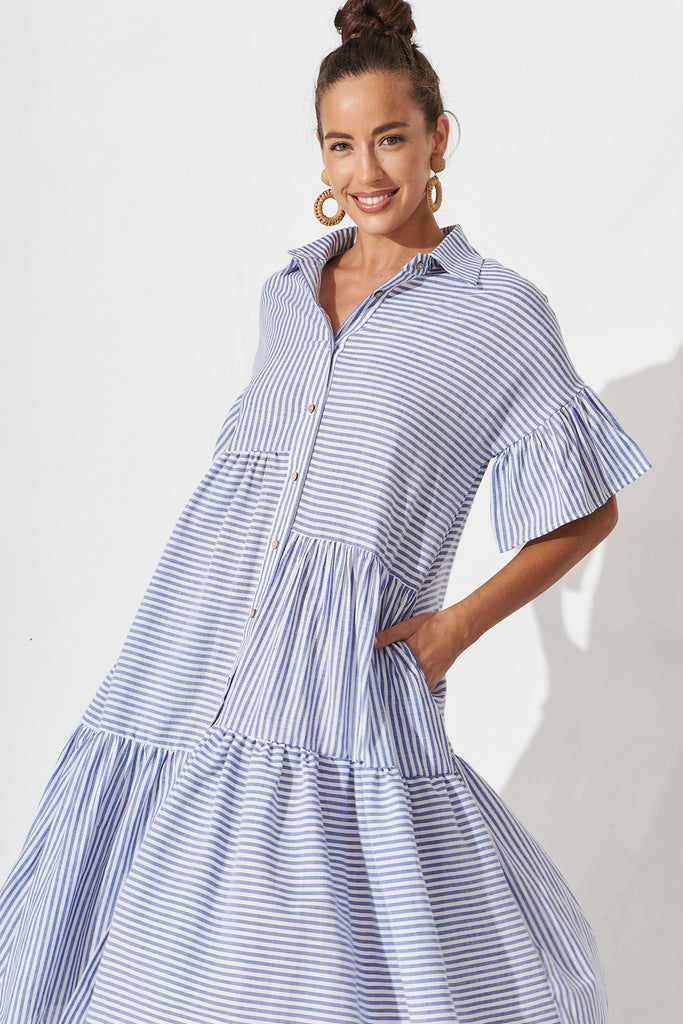 Gwennie Midi Shirt Dress In Blue And White Stripe Cotton - front