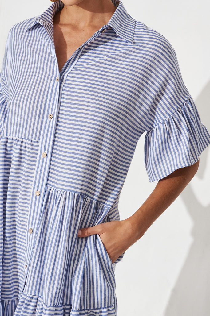Gwennie Midi Shirt Dress In Blue And White Stripe Cotton - detail