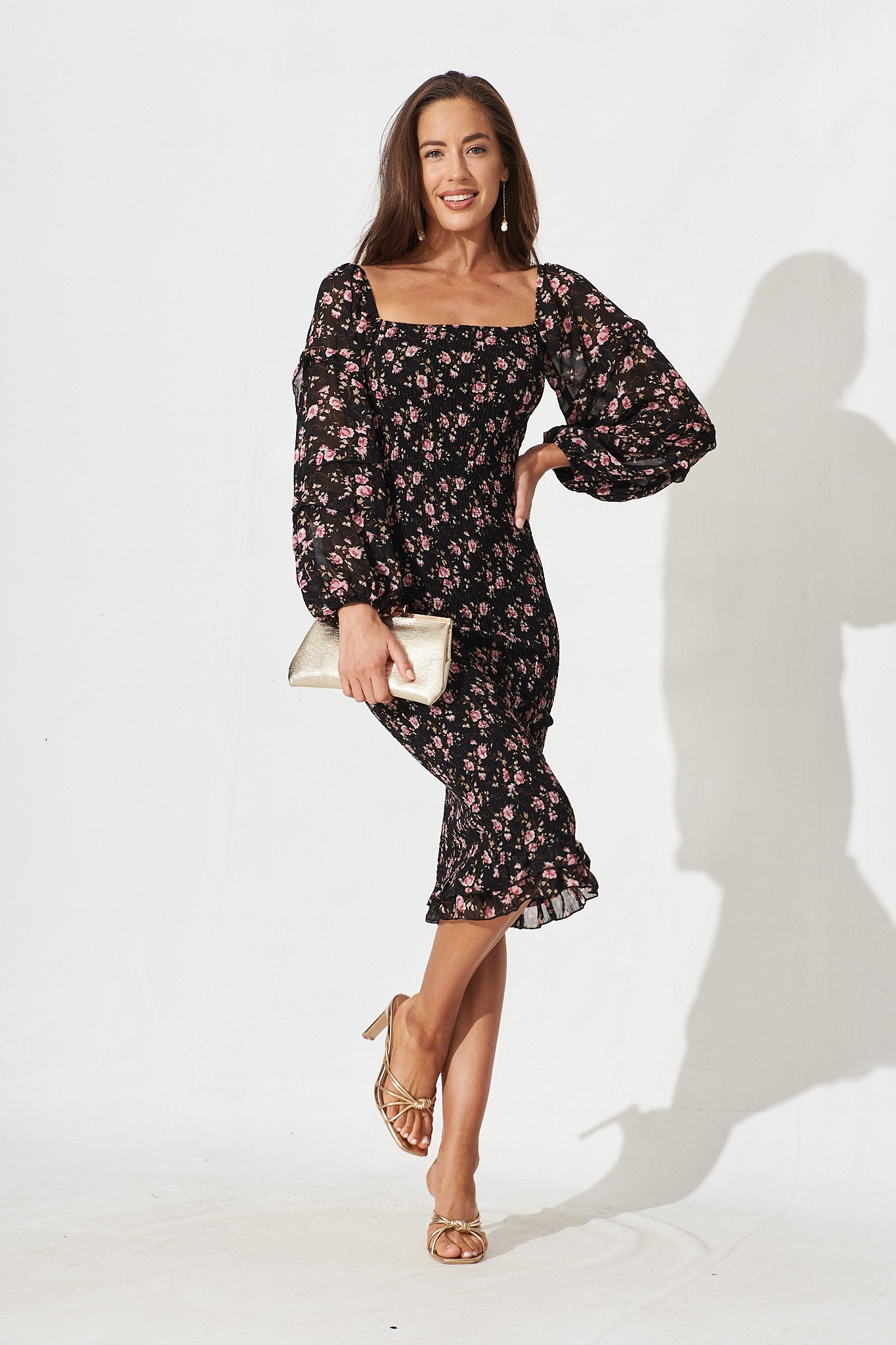 Aceline Shirred Midi Dress In Black With Pink Ditsy Floral Chiffon - full length