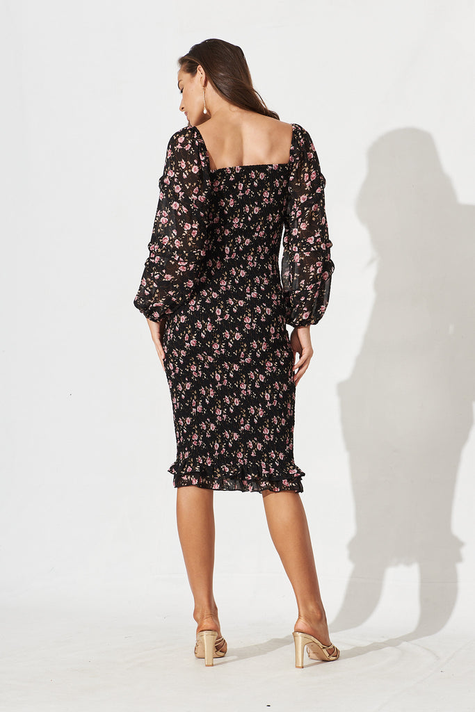 Aceline Shirred Midi Dress In Black With Pink Ditsy Floral Chiffon - back