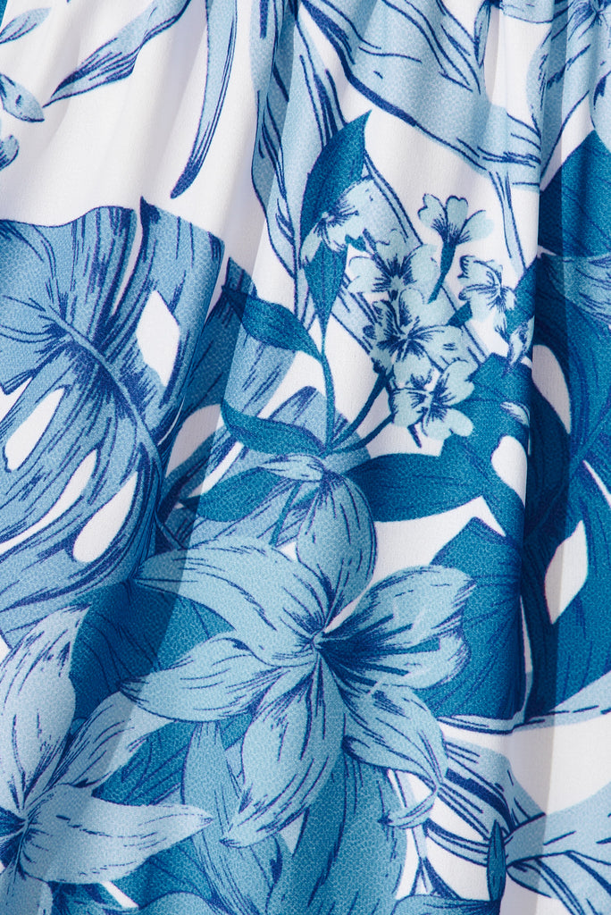 Saphira Maxi Dress In White With Cobalt Leaf Print - fabric
