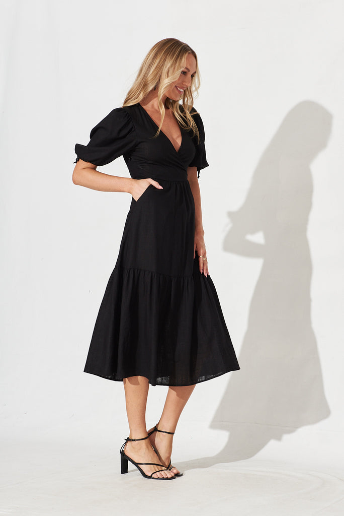 Heather Midi Dress In Black Linen Blend - side