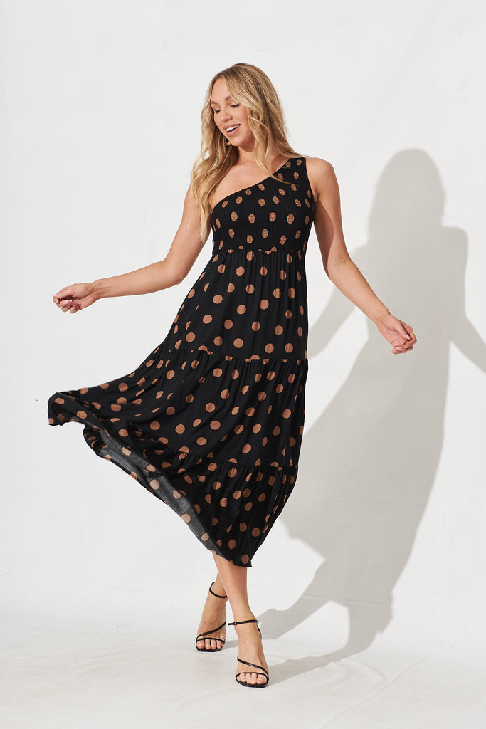 Hanny One Shoulder Midi Dress In Black With Brown Spot - full length