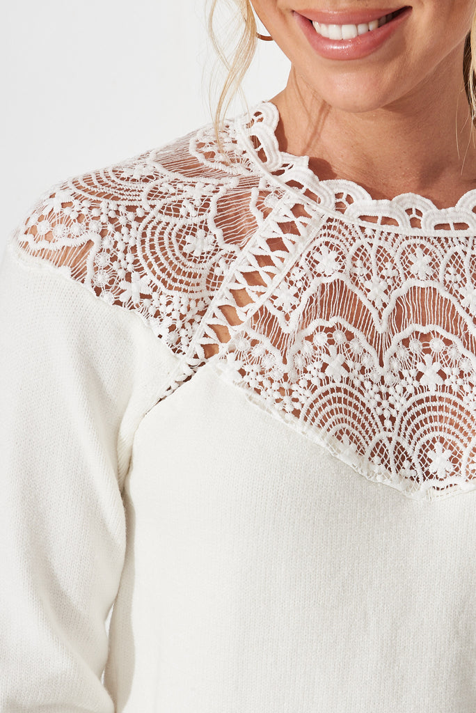 Manor Knit In White Lace Detail Wool Blend - detail