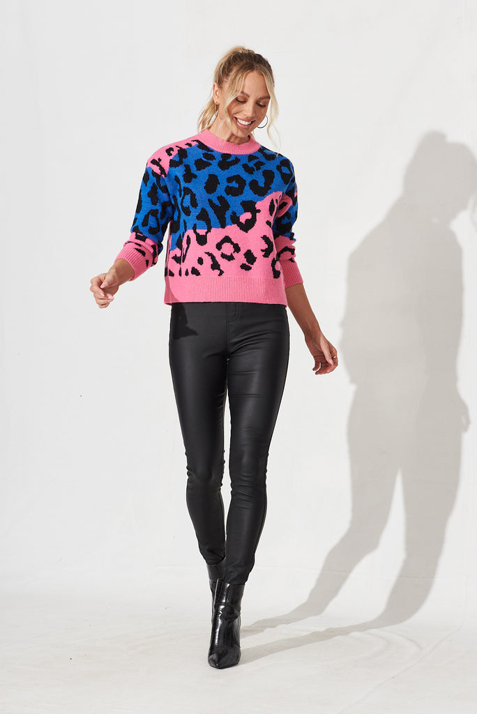 Shona Knit In Multi Blue And Pink Leopard Wool Blend - full length