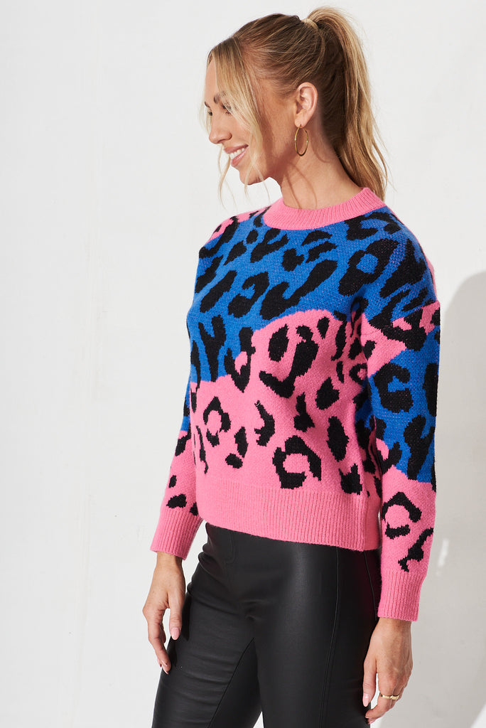 Shona Knit In Multi Blue And Pink Leopard Wool Blend - side