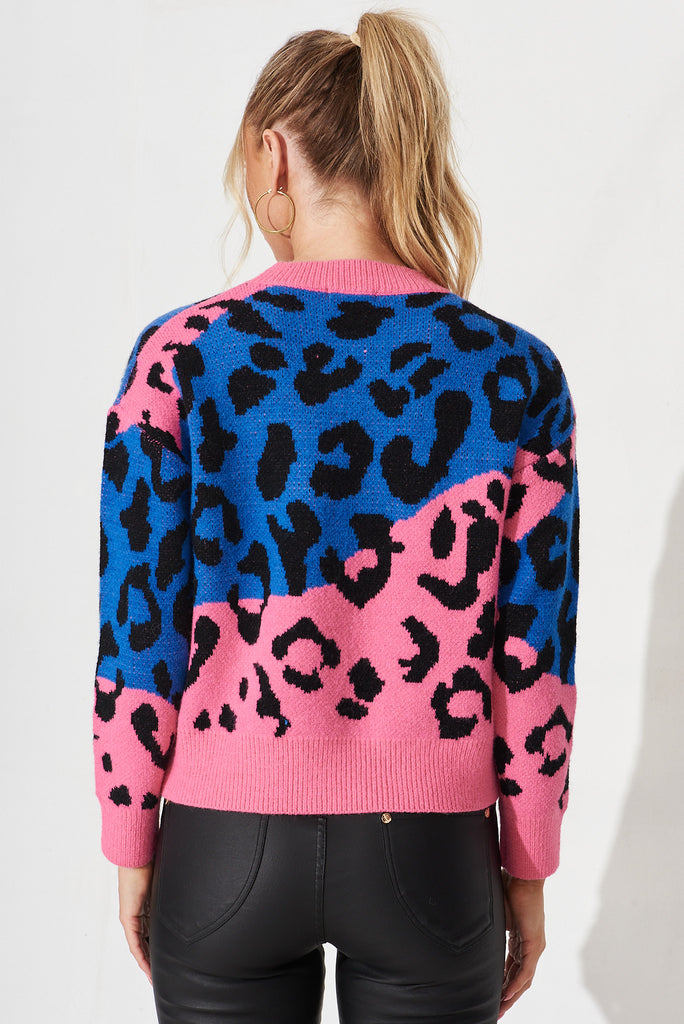 Shona Knit In Multi Blue And Pink Leopard Wool Blend - back