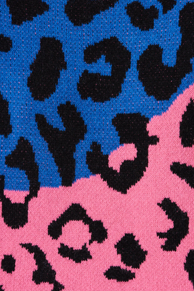 Shona Knit In Multi Blue And Pink Leopard Wool Blend - fabric