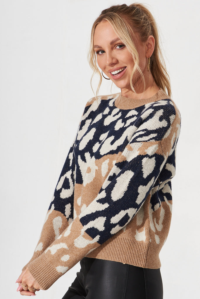 Shona Knit In Multi Navy Leopard Wool Blend - side