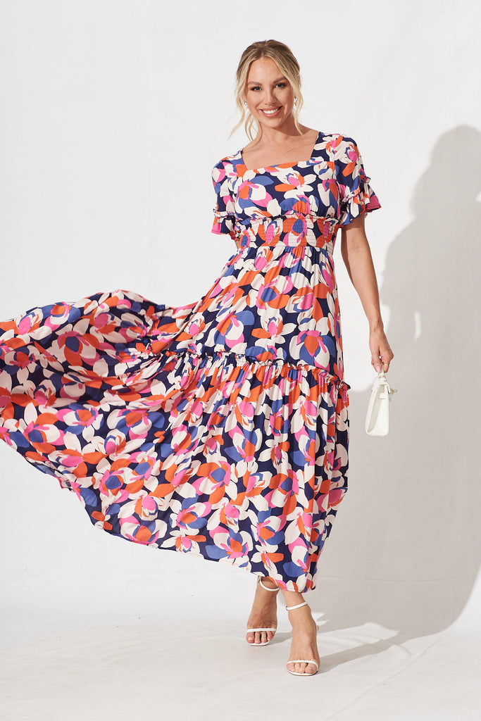 Robina Maxi Dress In Navy With Pink And Red Floral - full length