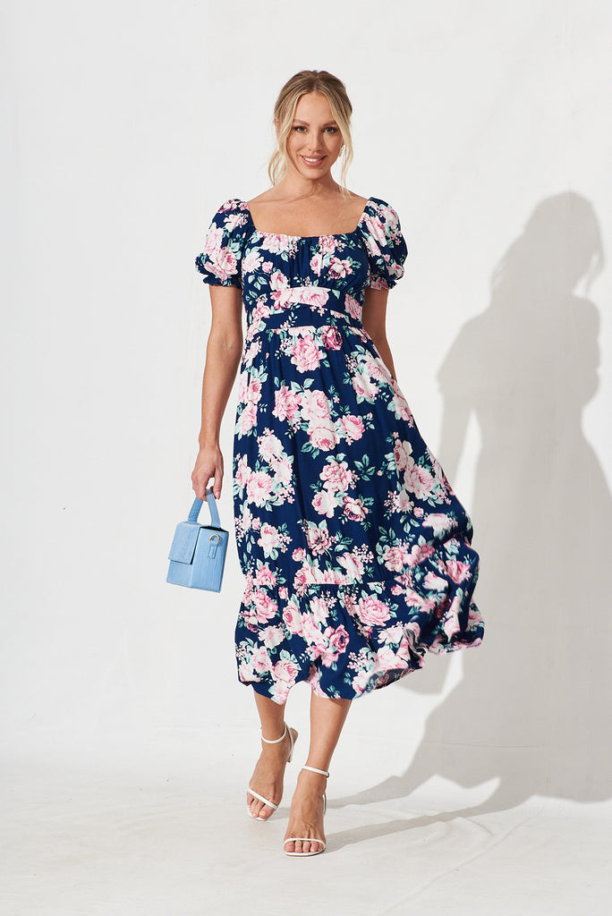 Candie Midi Dress In Navy With Pink Floral - full length