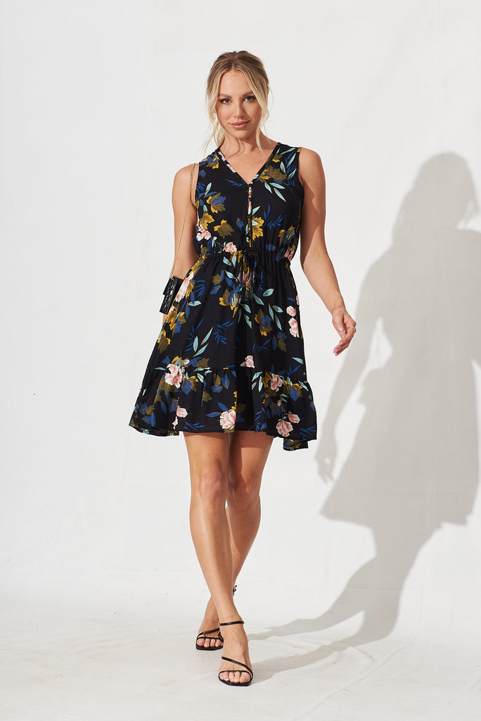 Narooma Dress In Black With Green Floral - full length