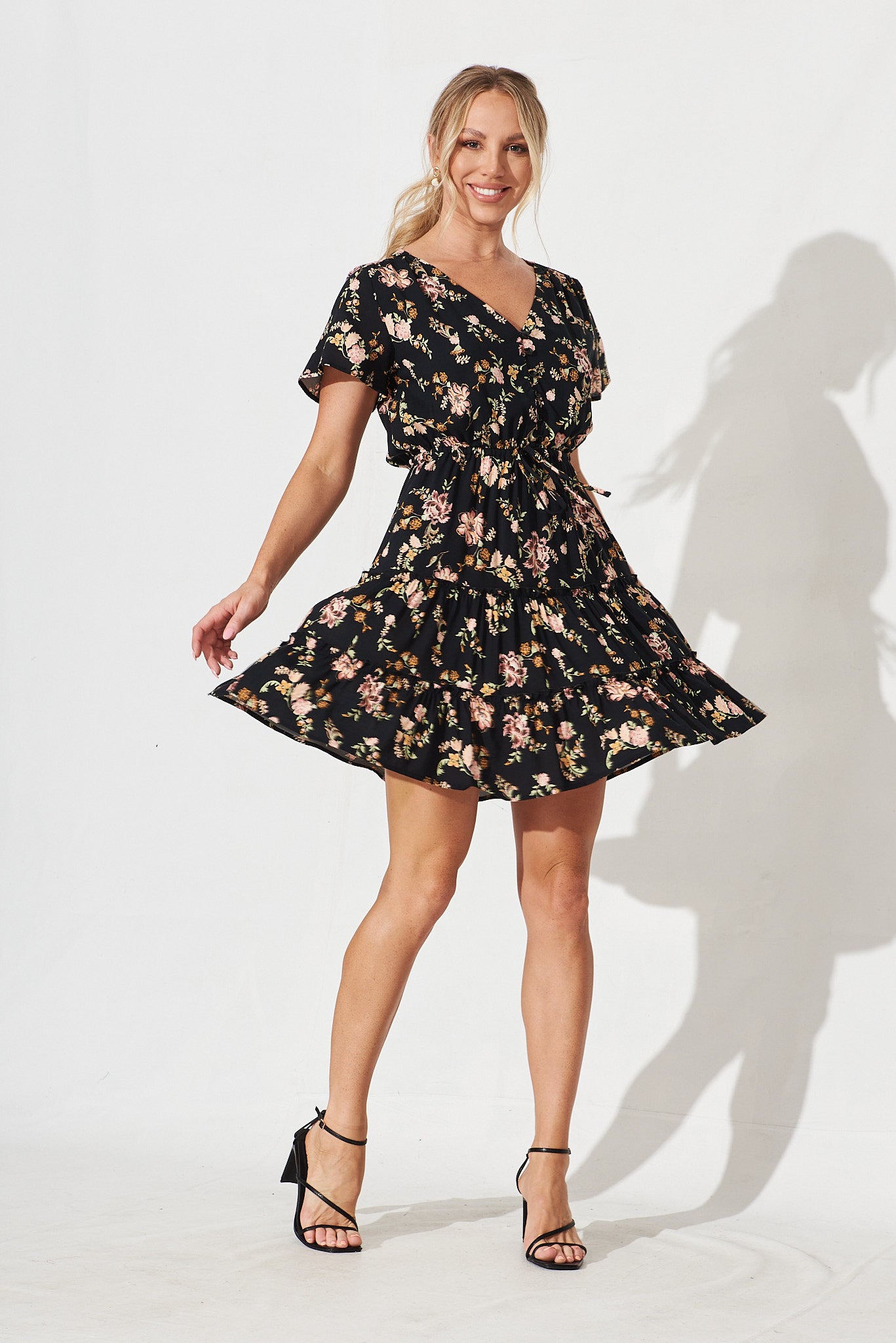 Kimovale Dress In Black With Pink Floral - full length