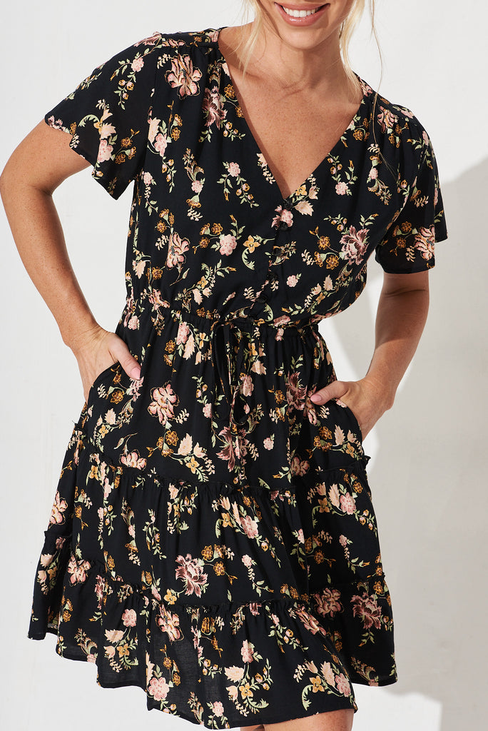 Kimovale Dress In Black With Pink Floral - detail
