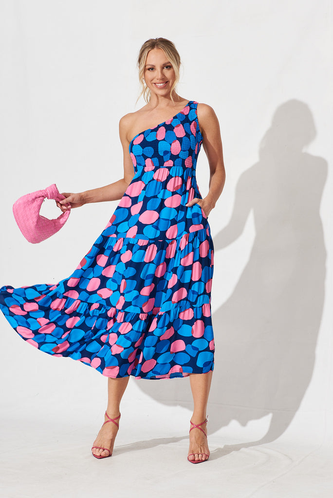 Hanny One Shoulder Midi Dress In Navy With Blue Spot - full length