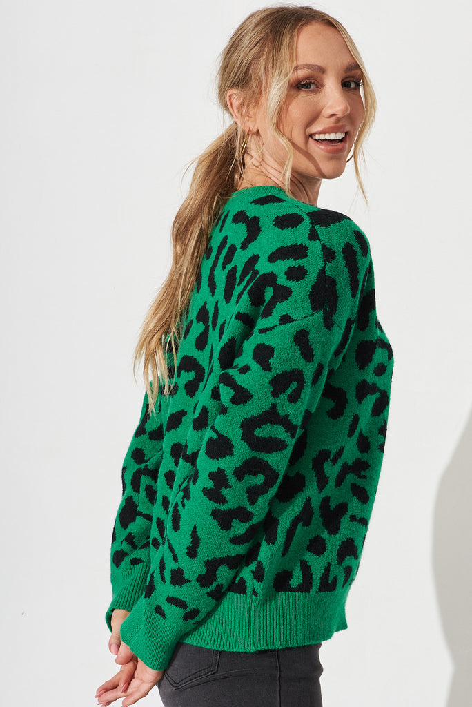 Fairlop Knit In Green With Black Leopard Wool Blend - side