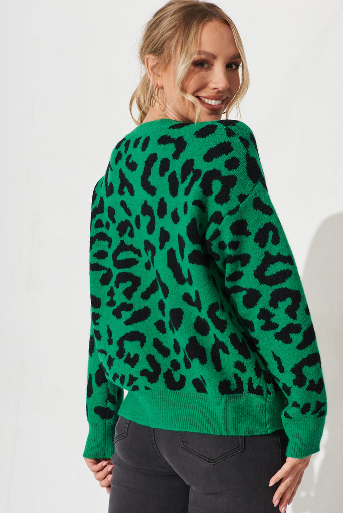 Fairlop Knit In Green With Black Leopard Wool Blend - back