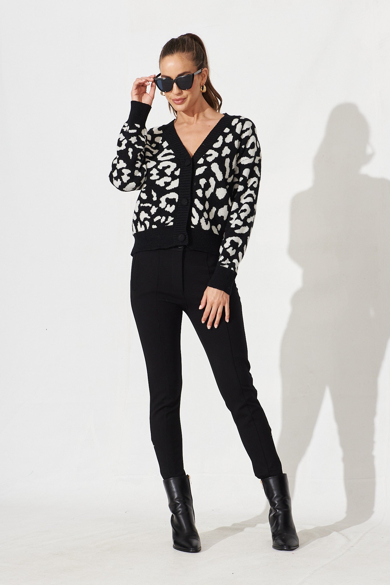 Finsbury Knit Cardigan In Black With White Leopard Wool Blend - full length