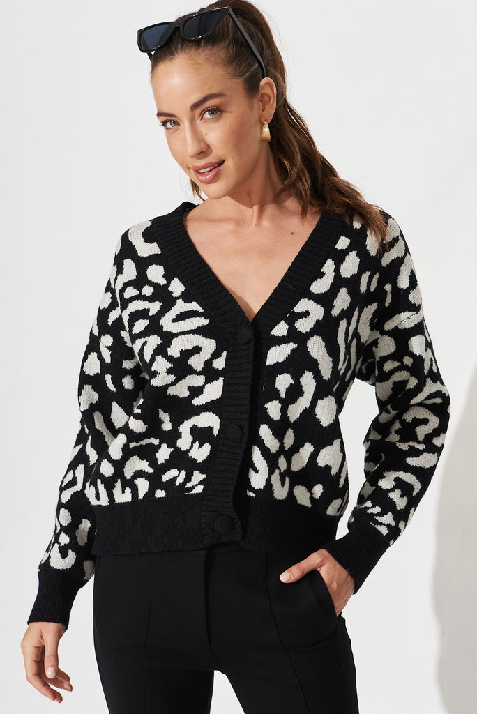 Finsbury Knit Cardigan In Black With White Leopard Wool Blend - front