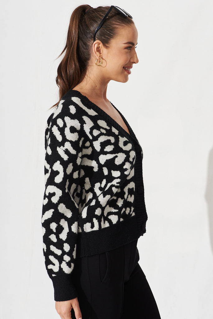 Finsbury Knit Cardigan In Black With White Leopard Wool Blend - side