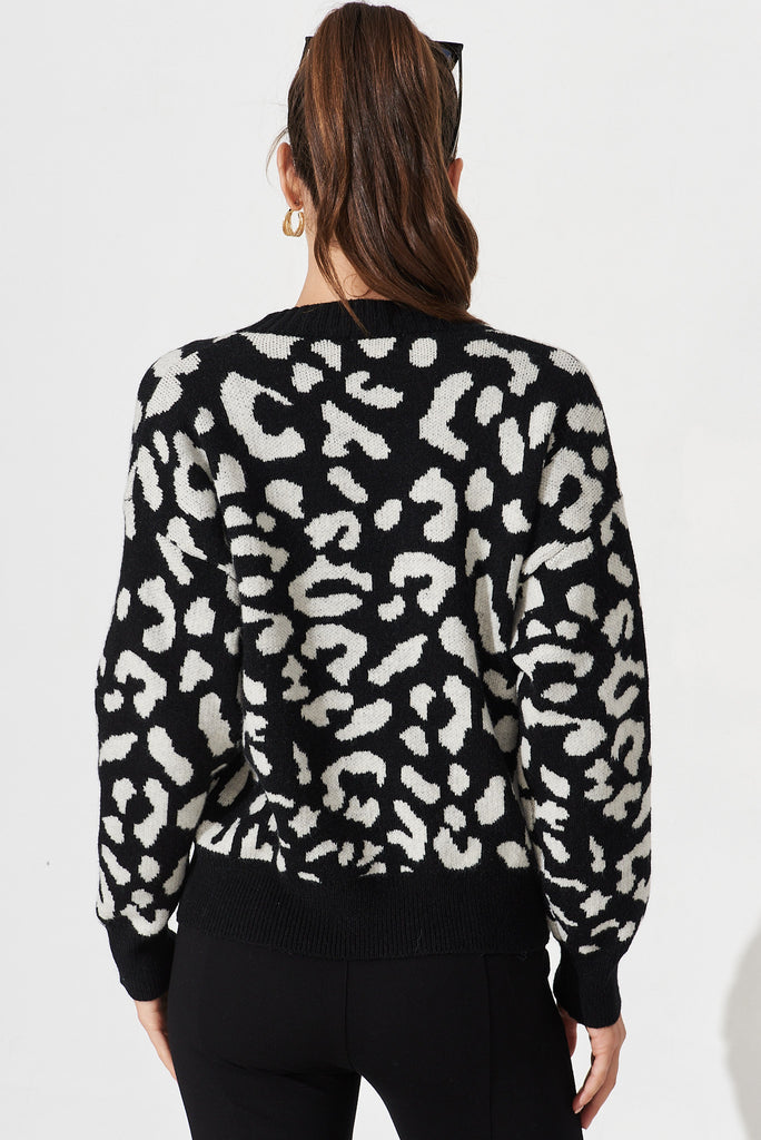 Finsbury Knit Cardigan In Black With White Leopard Wool Blend - back