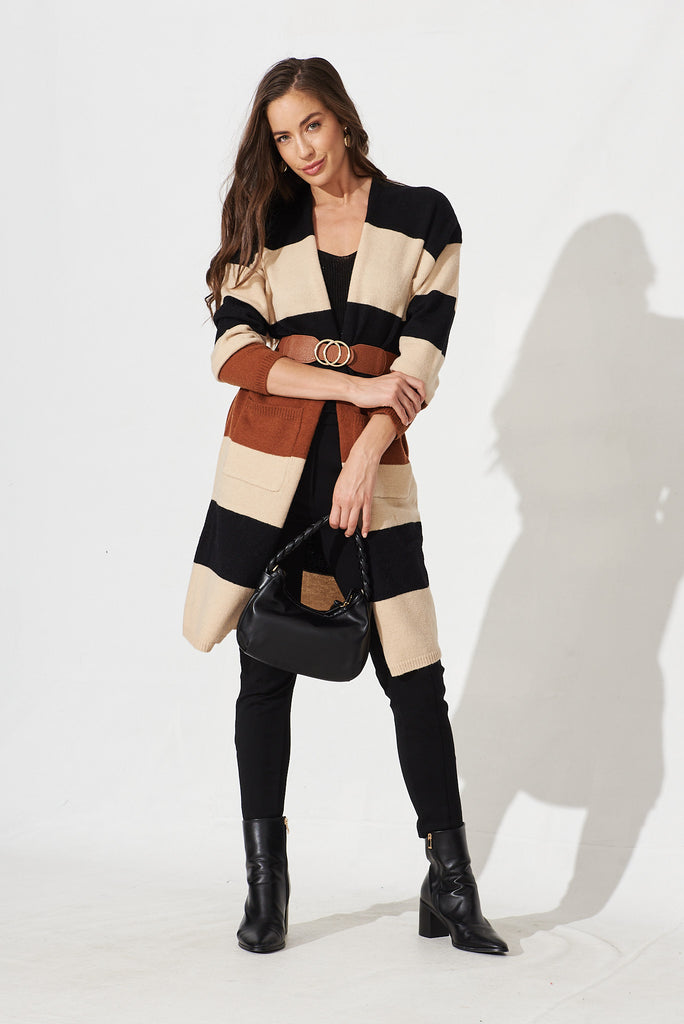 Anerley Knit Cardigan In Multi Black Colour Block Wool Blend - full length