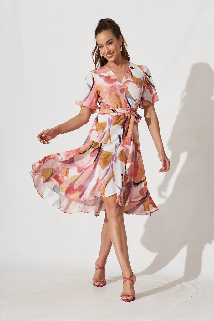 Lacey Wrap Dress In White With Multi Apricot Floral - full length