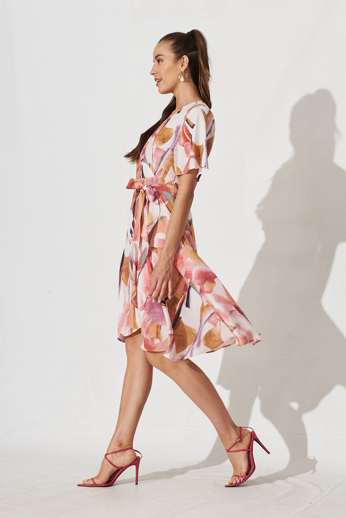 Lacey Wrap Dress In White With Multi Apricot Floral - side