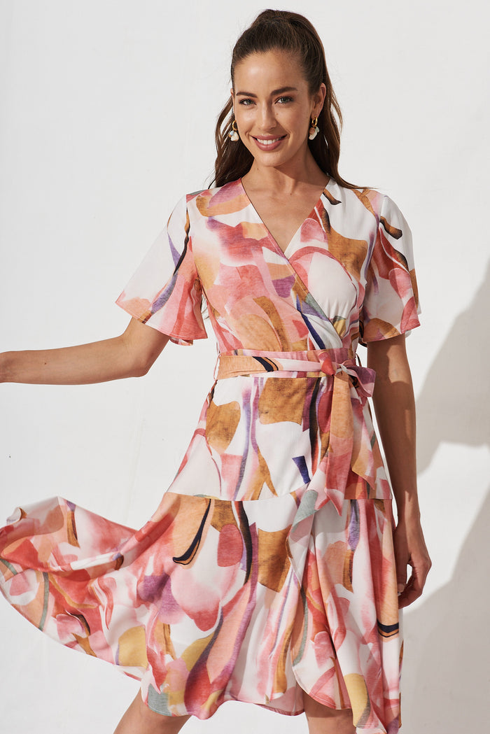 Lacey Wrap Dress In White With Multi Apricot Floral - front