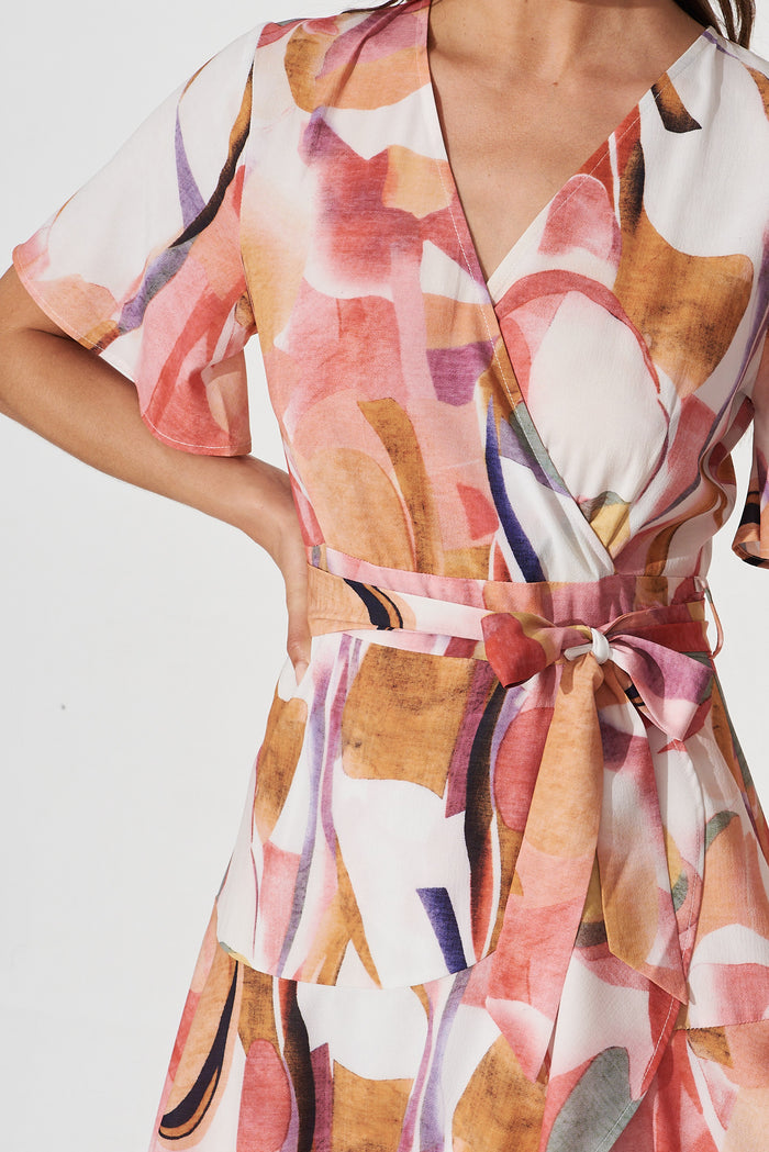 Lacey Wrap Dress In White With Multi Apricot Floral - detail