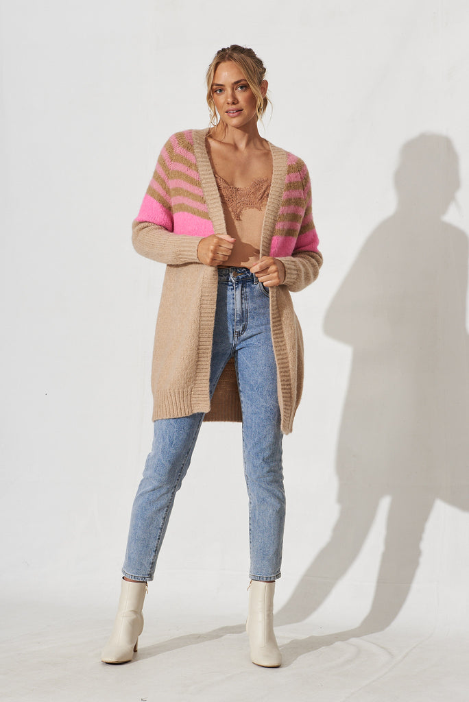Belsize Knit Cardigan In Cream Stripe Wool Blend - full length
