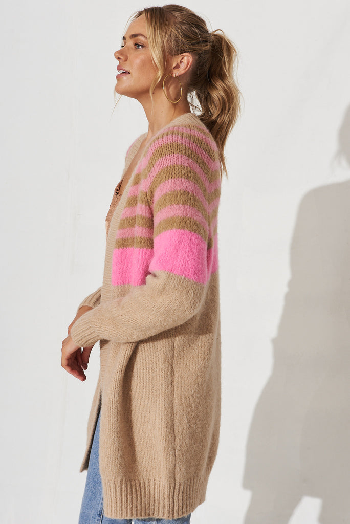 Belsize Knit Cardigan In Cream Stripe Wool Blend - side