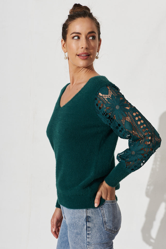 Marita Knit In Teal Lace Detail Wool Blend - side