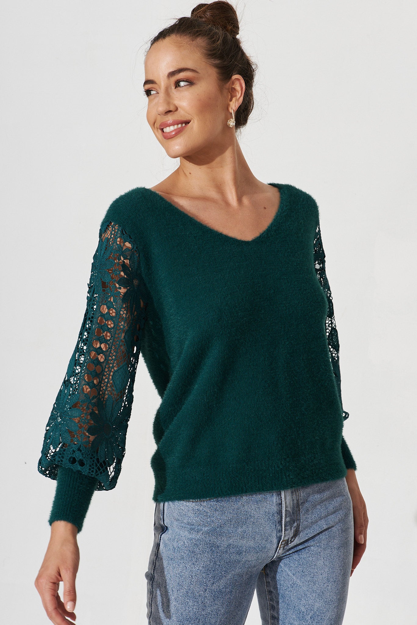 Marita Knit In Teal Lace Detail Wool Blend - front